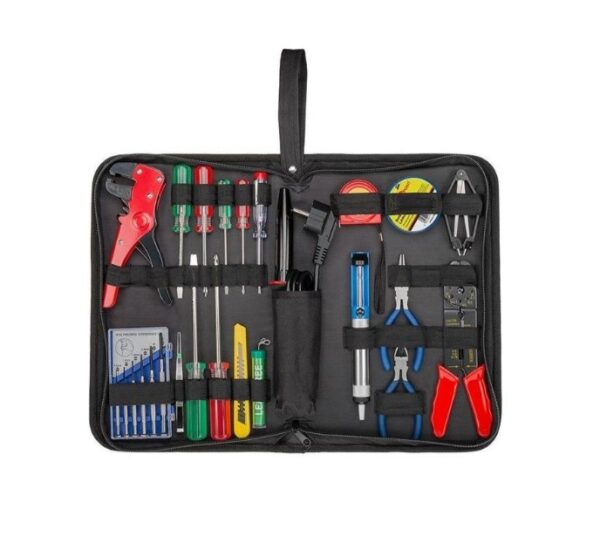 Set kit komplet alata za lemljenje Fixpoint u torbici. Prodaja ponuda nabavka Srbija Beograd. Lemilica 30W, vakuum pumpa, lem bez olova, pasta.
