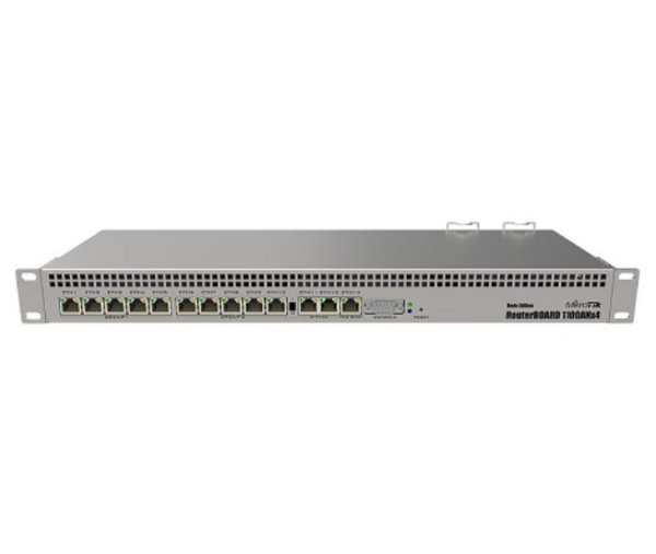 MikroTik RB1100AHx4 Dude Edition ruter sa 13 Gigabit 10/100/1000Mb/s LAN/WAN, Quad core CPU 1.4GHz , IPsec accelerator, 60GB M.2 SSD, 2 x SATA3, 1GB RAM, PoE in 802.3af/at, dual redundant power supplies, 19