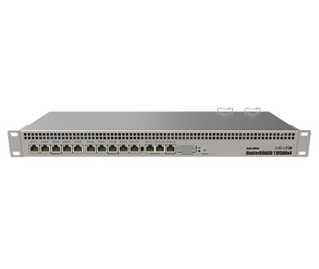 MikroTik RB1100AHx4 Dude Edition ruter sa 13 Gigabit 10/100/1000Mb/s LAN/WAN, Quad core CPU 1.4GHz , IPsec accelerator, 60GB M.2 SSD, 2 x SATA3, 1GB RAM, PoE in 802.3af/at, dual redundant power supplies, 19" rack, ROS L6