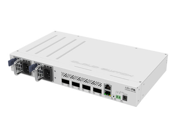 MikroTik CRS504-4XQ-IN L3 upravljiv cloud svič sa 4 x QSFP28 porta na 100GbE / 40GbE / do 16 x 25GbE / 10GbE / 1GbE + 1 x 100Mb/s Ethernet, dva hot-swap napajanja, rack 19" / wall-mount, radna temp -40°÷70°C, RouterOS L5