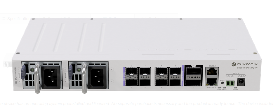 MikroTik CRS510-8XS-2XQ-IN L3 upravljiv cloud svič sa 2 x 100GbE / 40GbE / 25GbE QSFP28 + 8 x 25GbE / 10GbE / 1GbE SFP28 + Eth 10/100Mb/s + USB, 2 hot-swap AC napajanja, DC + PoE-in, MTBF 22.8god, temp. -40°÷70°C, ROS L6