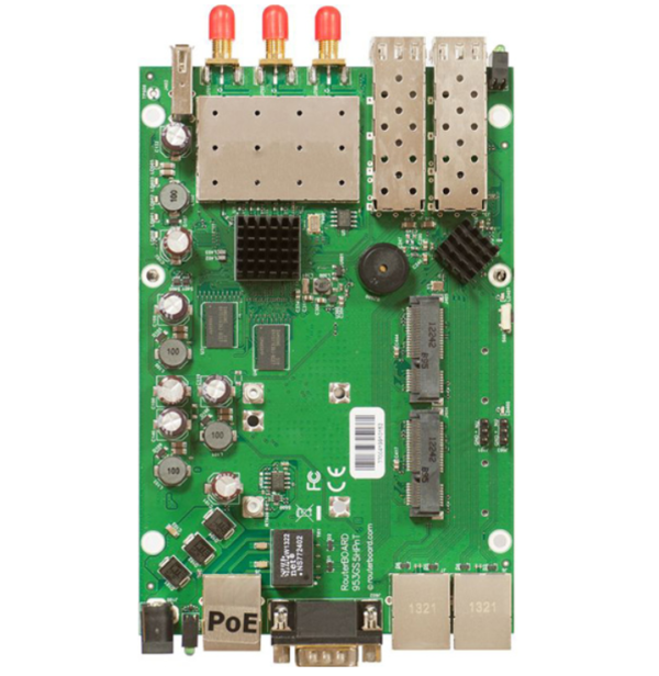 MikroTik RouterBoard RB953GS-5HnT – 3x Gigabit LAN/WAN+2 x SFP slota, 3x3 MIMO 300Mb/s high power 1600mW wireless 802.11n sa 3x RPSMA, USB, 2 x miniPCIe (3G/LTE/WiFi), 2 x SIM slot, CPU Scorpion 720MHz, 128MB RAM, ROS L5