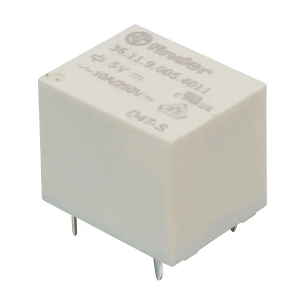 Rele napon: 5V Radna jačina struje po kontaktu: 10A Kontakti: 1 x mirni + radni PCB lemna montaža Serija: F36.11 Dimenzije: 21.5 x 15.5 x 17.5mm Radna temperatura: od -40 do +85°C