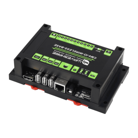 This is an industrial expansion module based on Raspberry Pi CM4, which features common interfaces such as Gigabit Ethernet, HDMI, USB, and GPIO, allows additional 4G / 5G / LoRa wireless communication modules to be connected via the M.2 or Mini-PCIe socket. There are also industrial interfaces/resources including RS485, CAN, and RTC. Combined with the industrial rail-mount protection case, the module is an ideal choice for building IoT gateway, 4G/5G router, IoT data acquisition, or even the PLC device in industrial automatic control system, and more. Part List Comparison BASIC KIT BASIC KIT + 4G MODULE CM4 wireless base board √ √ Black ABS case √ √ PCIe to 4G/LoRa adapter √ √ SIM7600G-H-PCIE 4G module √ PCB antenna √ * please refer to Package Content for exact part list info. Specifications CM4 SOCKET suitable for all variants of Compute Module 4 NETWORKING Gigabit Ethernet RJ45 M.2 B KEY / Mini-PCIe (via adapter), for connecting 5G / 4G / LoRa wireless module Nano-SIM card slot, supports standard Nano-SIM card for 5G/4G/3G/2G communication USB USB 2.0 × 3 PIN HEADER Non-isolated RS485 × 2, Non-isolated CAN × 1, Partial GPIO pins CAMERA MIPI CSI-2 × 1 (15pin 1.0mm FPC connector) VIDEO HDMI × 1, supports 4K 30fps output RTC Real-time clock with battery socket and ability to wake Compute Module 4 STORAGE MicroSD card socket for Compute Module 4 Lite (without eMMC) variants FAN HEADER 5V/12V, allows speed adjustment and measurement POWER INPUT 5V or 7~36V DIMENSIONS 145 × 90 × 40mm