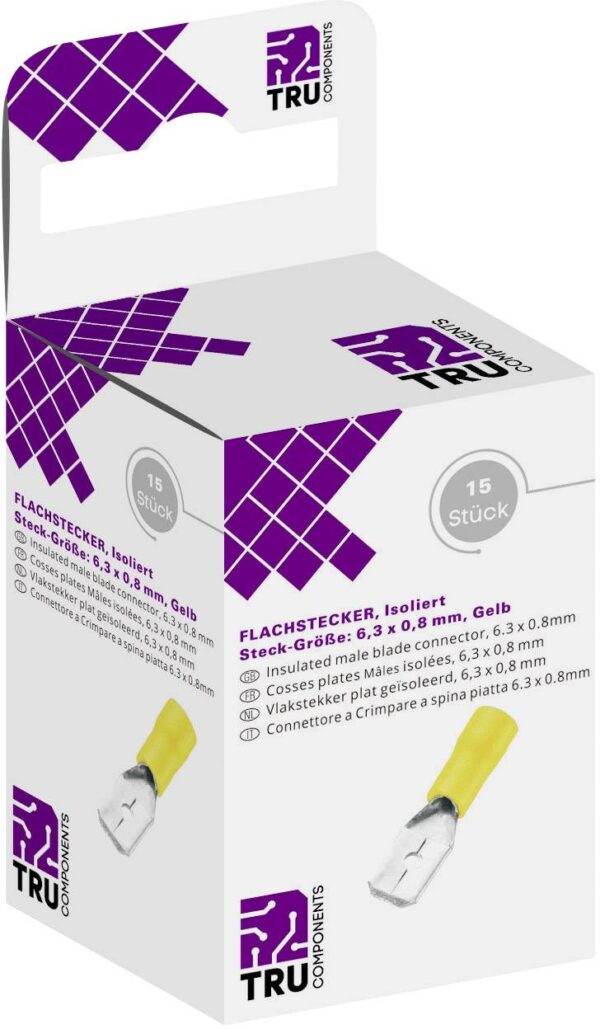 Tru Components T1904C111 ravni utikac set sirina jezika: 6,30 mm debljina utikaca: 0,80 mm 180 delimicno izolovano zuto 15 kom
