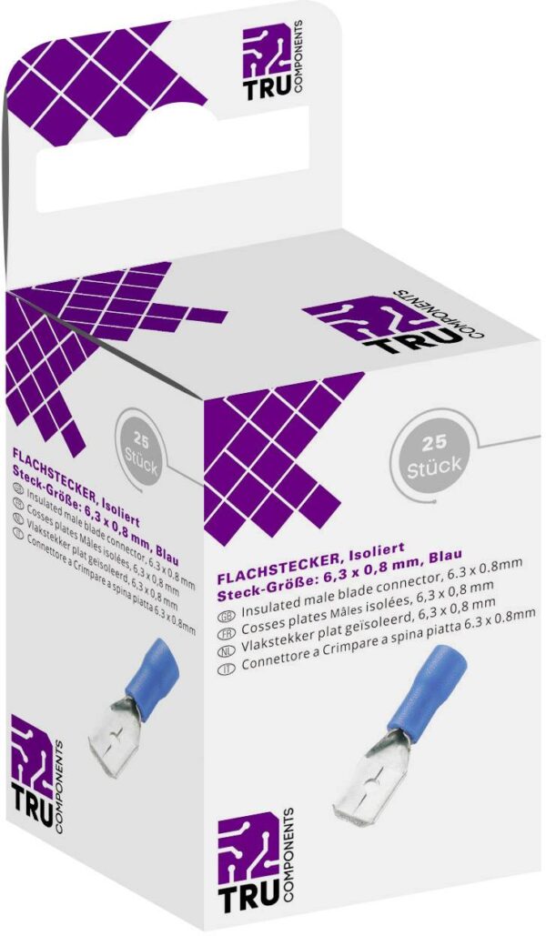 Tru Components T1904C043 ravni utikac set sirina jezika: 6,30 mm debljina utikaca: 0,80 mm 180 delimicno izolovano plavo 25 kom