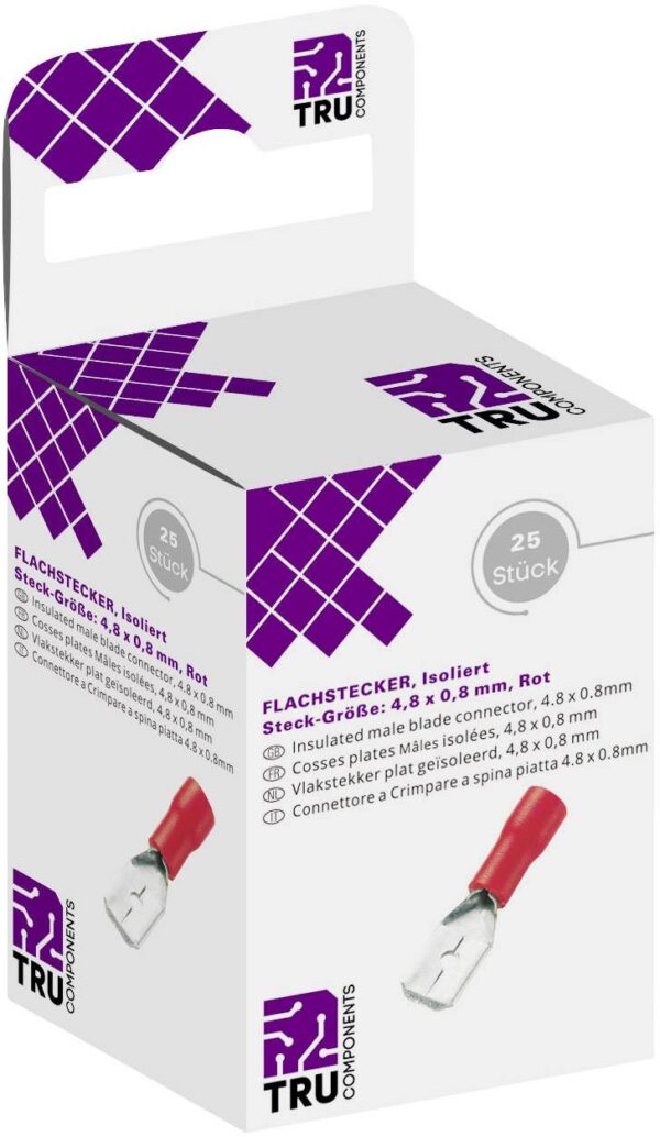 Tru Components T1904C109 ravni utikac set sirina jezika: 4,80 mm debljina utikaca: 0,80 mm 180 delimicno izolovanih crvenih 25 kom