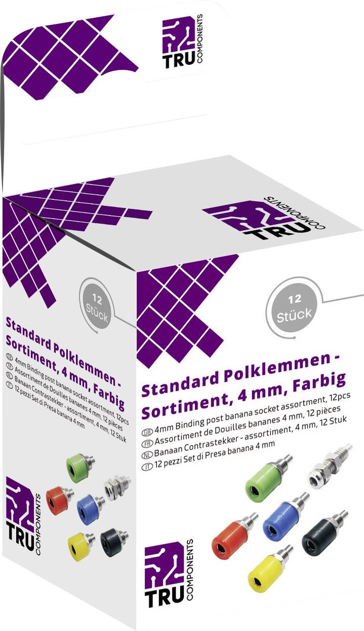 Tru Components izbor laboratorijskih konektora ugradni zenski konektor, vertikalno plava, zuta, zelena, crna, crvena, srebrna 12 komada