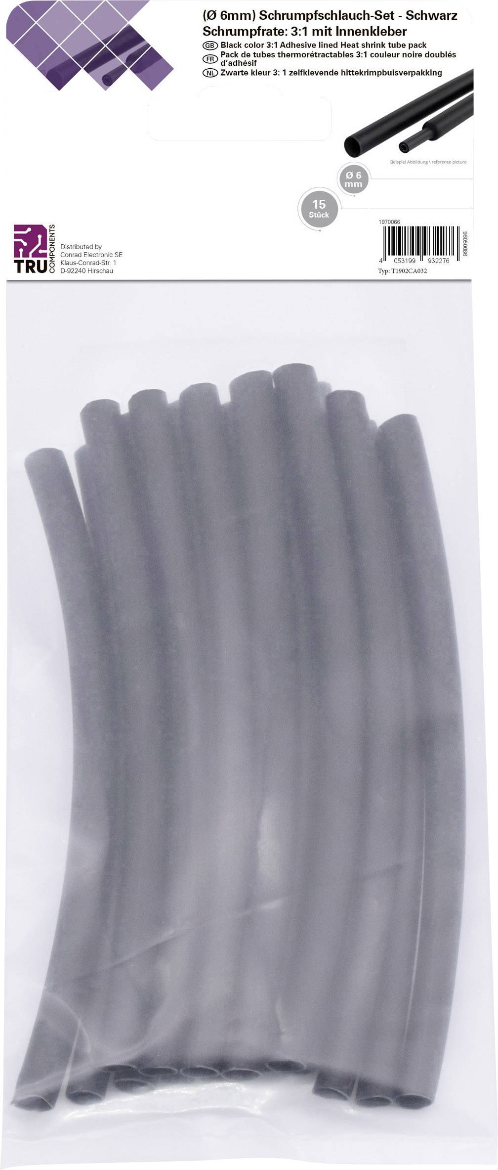 Tru Components T1902CA032 termoskupljajuca cev-izbor crna 6 mm 2 mm Odnos skupljanja:3:1 15 kom