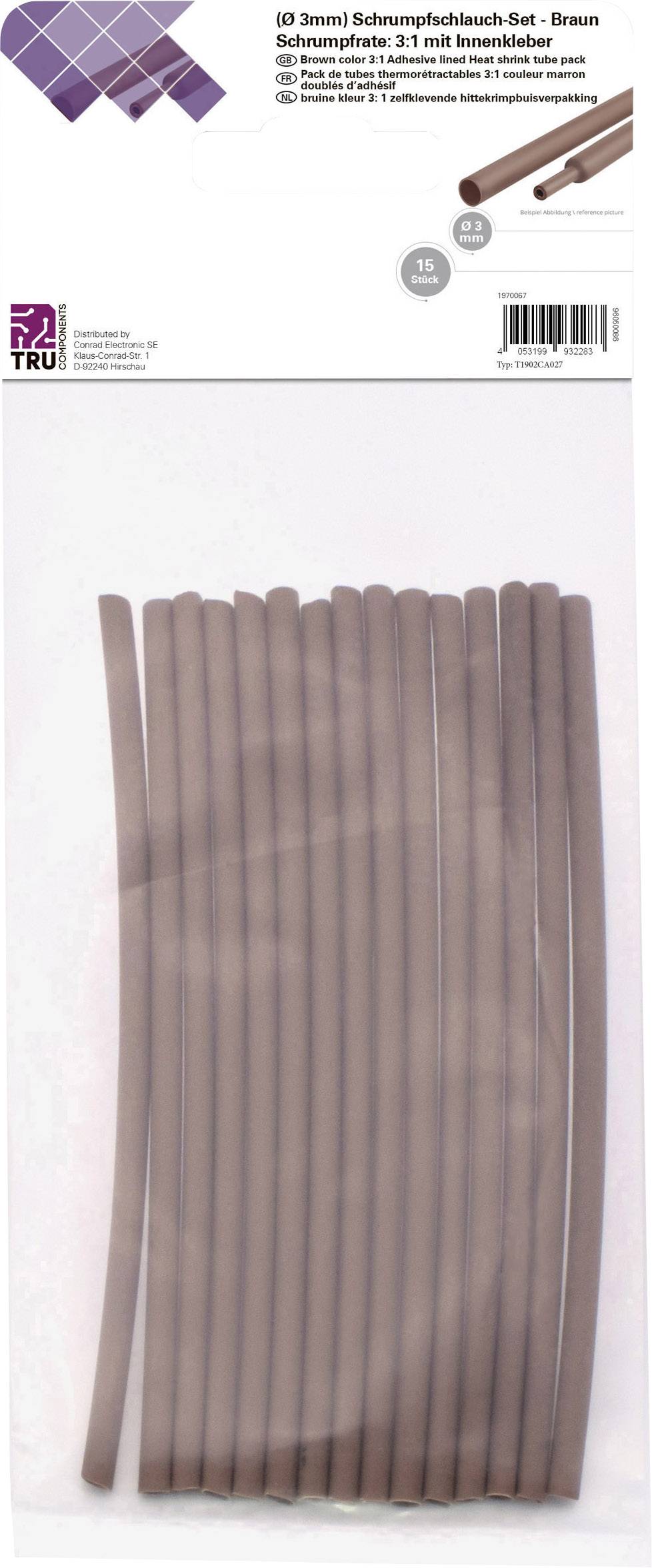 Tru Components T1902CA027 termoskupljajuca cev - izbor braon 3 mm 1 mm Odnos skupljanja: 3:1 15 kom
