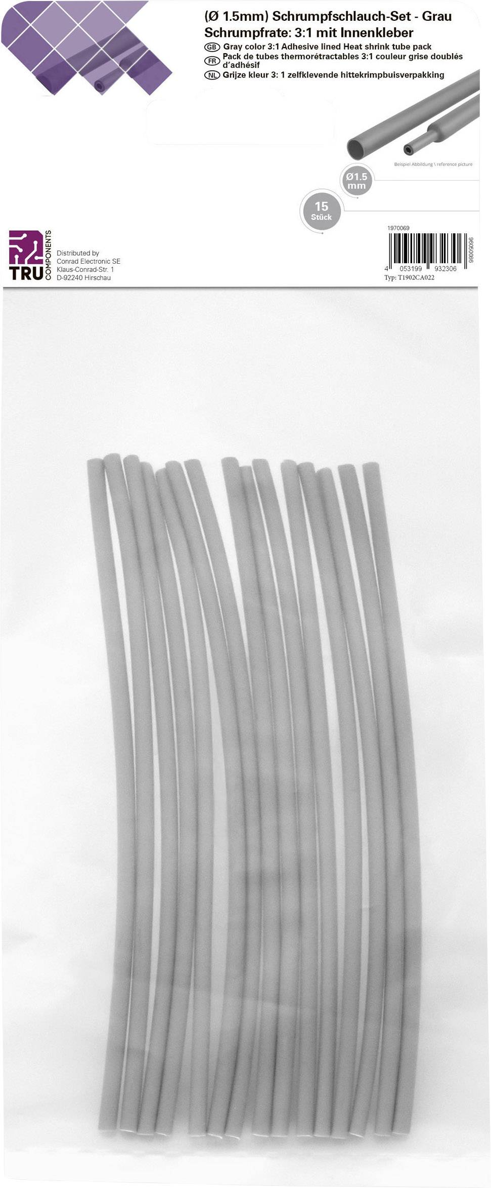 Tru Components T1902CA022 termoskupljajuca cev-izbor siva 1,50 mm 0,50 mm Odnos skupljanja:3:1 15 kom