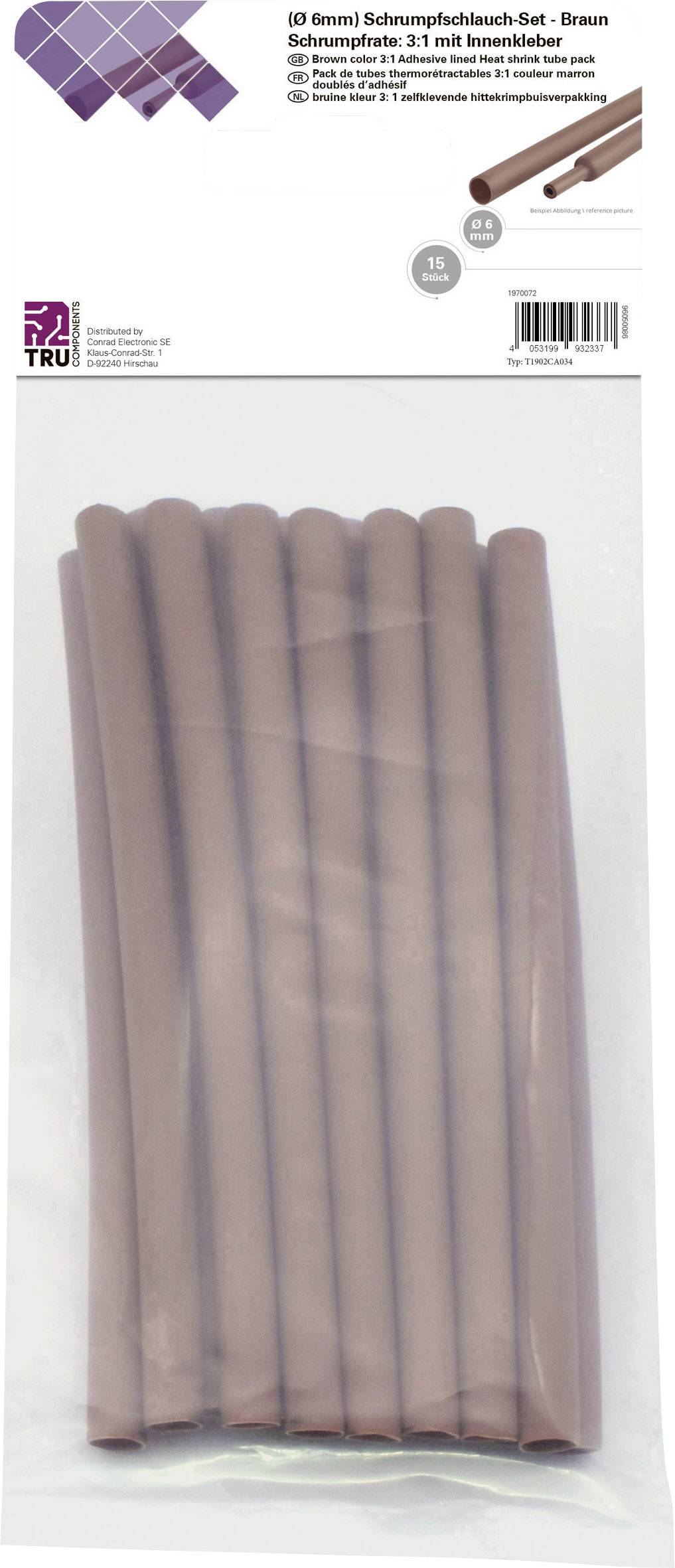 Tru Components T1902CA034 termoskupljajuca cev - izbor braon 6 mm 2 mm Odnos skupljanja: 3:1 15 kom