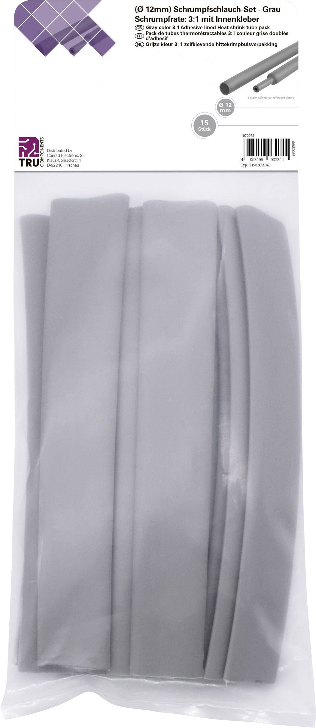 Tru Components T1902CA040 termoskupljajuca cev-izbor siva 12 mm 4 mm Odnos skupljanja:3:1 15 kom