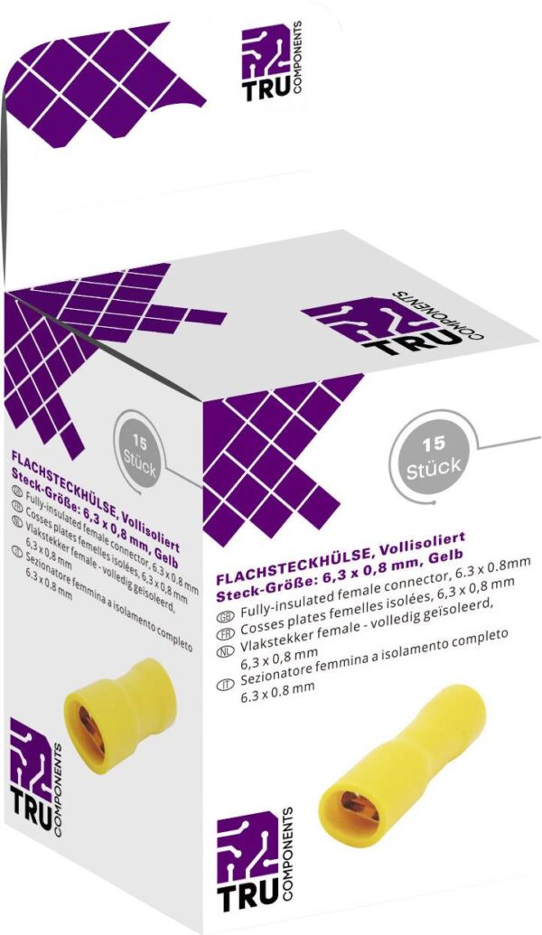Tru Components T1904C119 plosnati utikac navlaka set sirina jezika: 6,30 mm debljina utikaca: 0,80 mm 180 potpuno izolovana zuta 15 kom