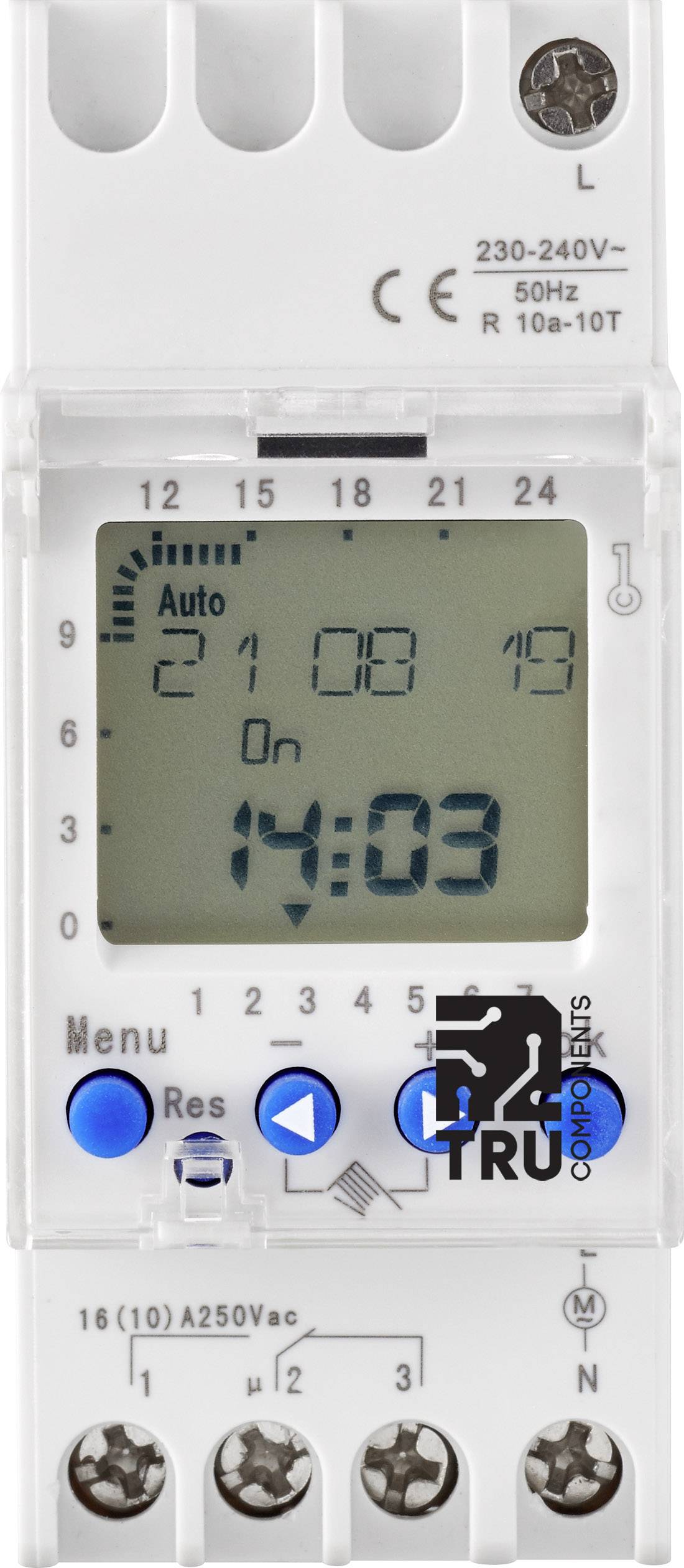 vremenski prekidac za top-hat sinu Radni napon: 220 V / AC 1 promena 16 A 250 V / AC nedeljni program Tru Components TC-8576060 vremenski prekidac za DIN sinu TRU-DTS-AHC810 230 V/AC nedeljni program