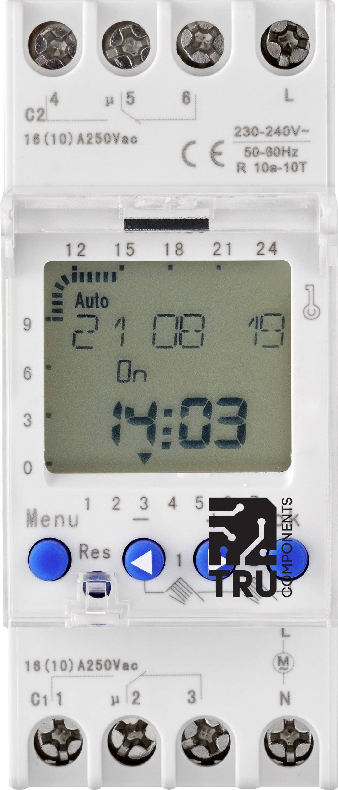 vremenski prekidac za gornji poklopac Radni napon: 220 V / AC 2 preklopna kontakta 16 A 250 V / AC nedeljni program Tru Components TC-8576064 vremenski prekidac za DIN sinu TRU-DTS-AHC812 230 V/AC nedeljni program