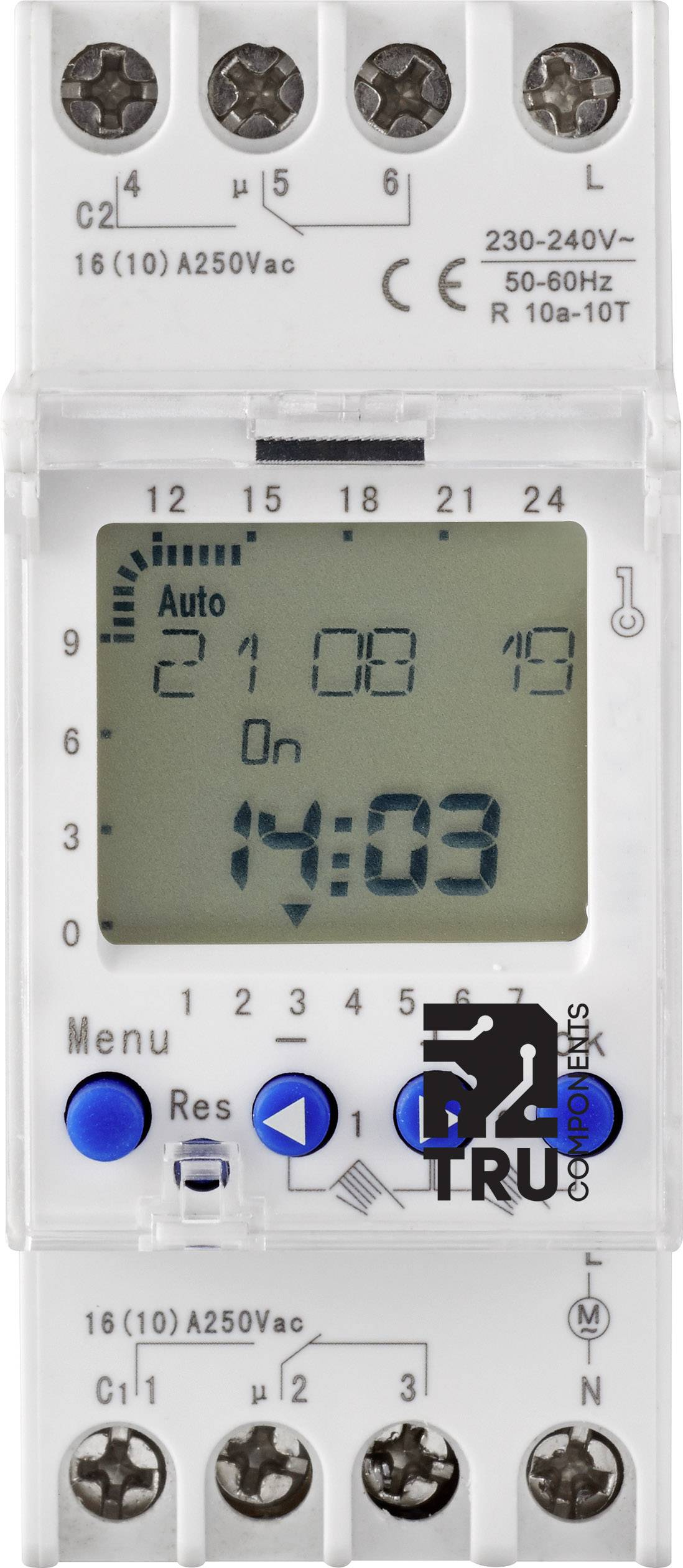 vremenski prekidac za gornji poklopac Radni napon: 220 V / AC 2 preklopna kontakta 16 A 250 V / AC nedeljni program Tru Components TC-8576100 vremenski prekidac za DIN sinu TRU-DTS-AHC822 230 V/AC nedeljni program
