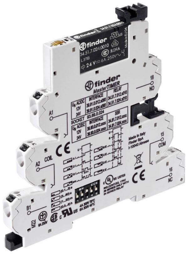 MasterTIMER spojni relej, sa prikljucnim klemama, 1 preklopni kontakt 6 A, 8 vremenskih funkcija, kalem 12 V AC/DC Finder 39.91.0.012.0060 spojni relej 12 V DC/AC 6 A 1 preklopnik