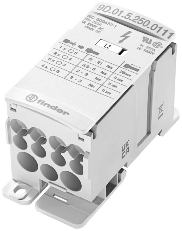 Finder 9D.01.5.250.0111 razvodnik beli 12-polni 35 mm? 250 A 1000 V/AC, 1500 V/DC Tip provodnika = L, N, PE