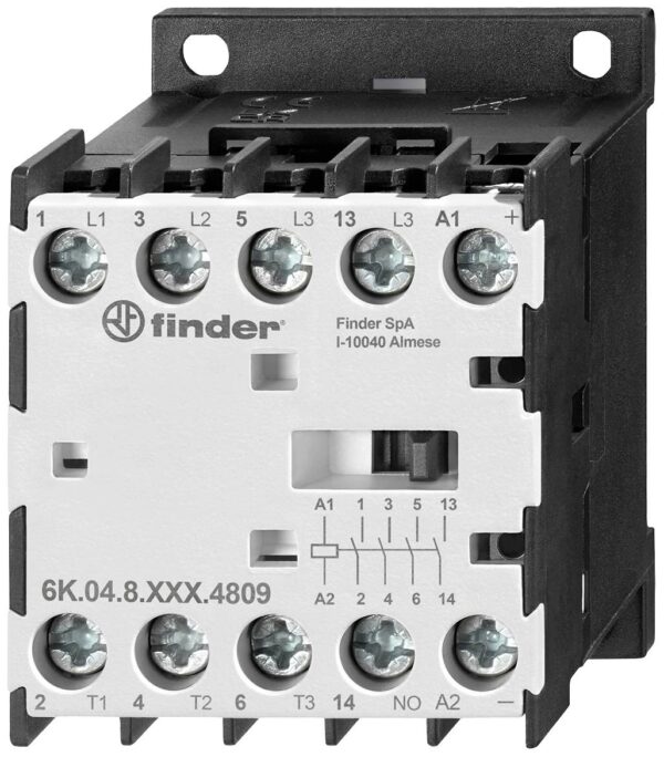 Mini industrijski kontaktor za montaznu sinu, 3 NO kontakta 9 A (400 V - AC 3) + 1 NC kontakt 2 A (400 V - AC 15) kao ogledalo kontakt, 4 kV, kalem 230 V AC Finder 6K.04.8.230.4709 industrijski relej 3 NO4 V, AC