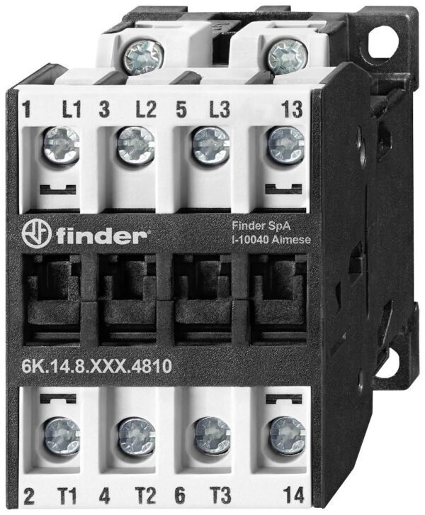 Industrijski kontaktor za DIN sinu, 3 aktivna kontakta 18 A (400 V - AC 3) + 1 prekidni kontakt 2 A (400 V - AC 15) kao ogledalo kontakt, 7,5 kV, kalem 230 V AC Finder 6K.14.8.230.4718 industrijski relej 3 NO71 V AC, 15 A kV