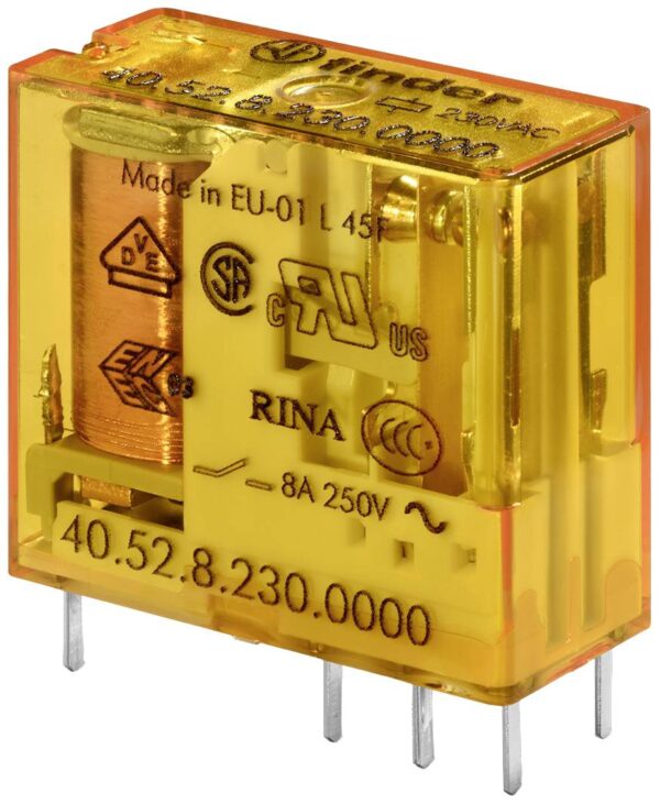 Relej sa utikacem i prikljuccima za stampanje, 2 preklopna kontakta za 8 A, kalem 48 V AC Finder 40.52.8.048.0000 PCB relej 48 V/AC 8 A 2 promene