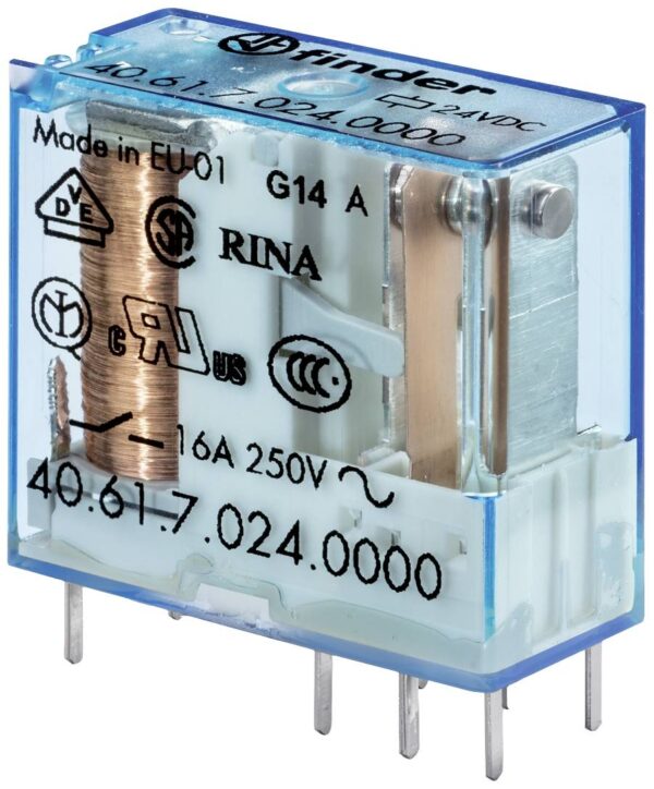 Relej sa utikacem i prikljuccima za stampanje, 1 preklopni kontakt za 16 A, materijal kontakta AgSnO2, kalem 12 V DC Finder 40.61.9.012.4000 PCB relej 12 V/DC 16 A 1 preklopnik