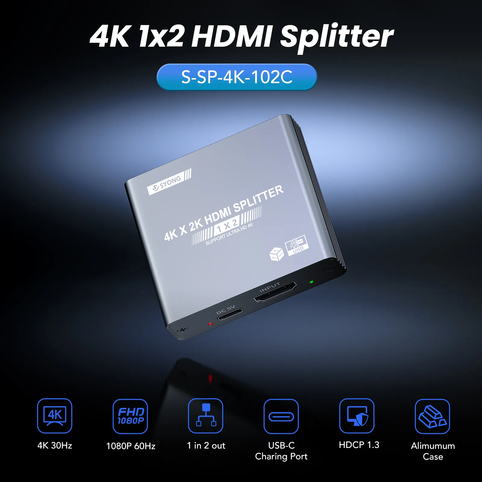 SYONG 4K HDMI splitter 1x2 za dva ekrana aluminijumsko kućište Plug & Play, metalno kućište - Image 6