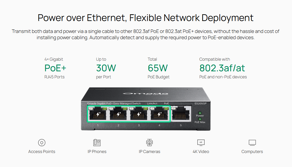 TP-Link ES205GP Omada PoE svič, 5× gigabit RJ45, 4× PoE+, 65 W - Image 2