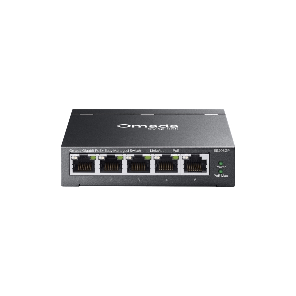 TP-Link ES205GP Omada PoE svič, 5× gigabit RJ45, 4× PoE+, 65 W