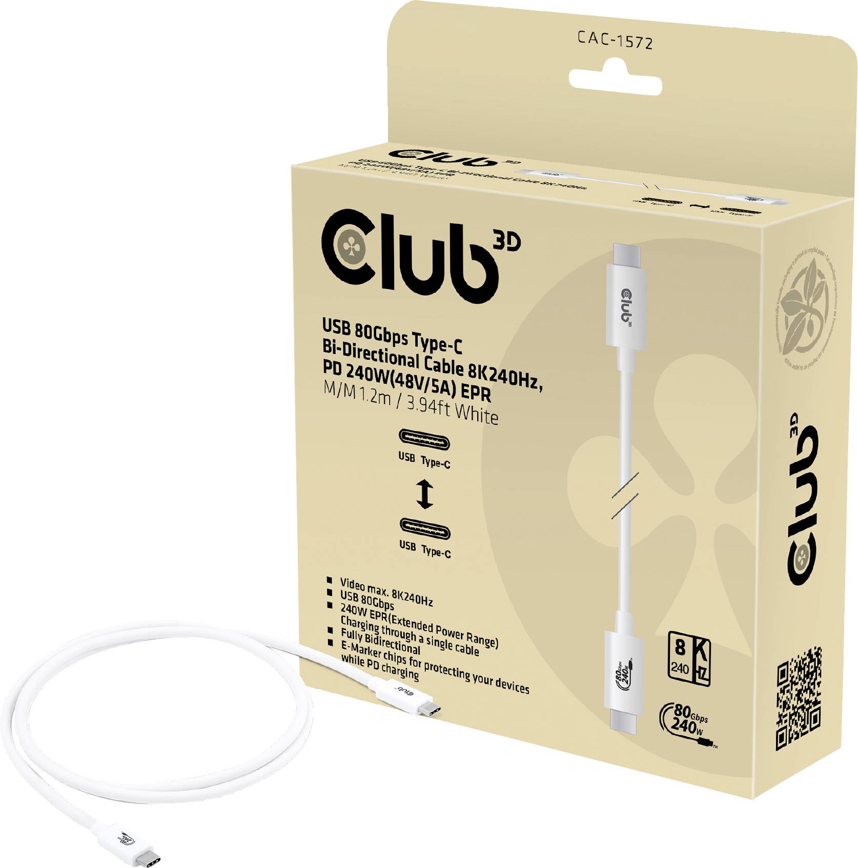 club3D USB-C CAC-1572 USB-C kabl 1,20 m bela USB-C®