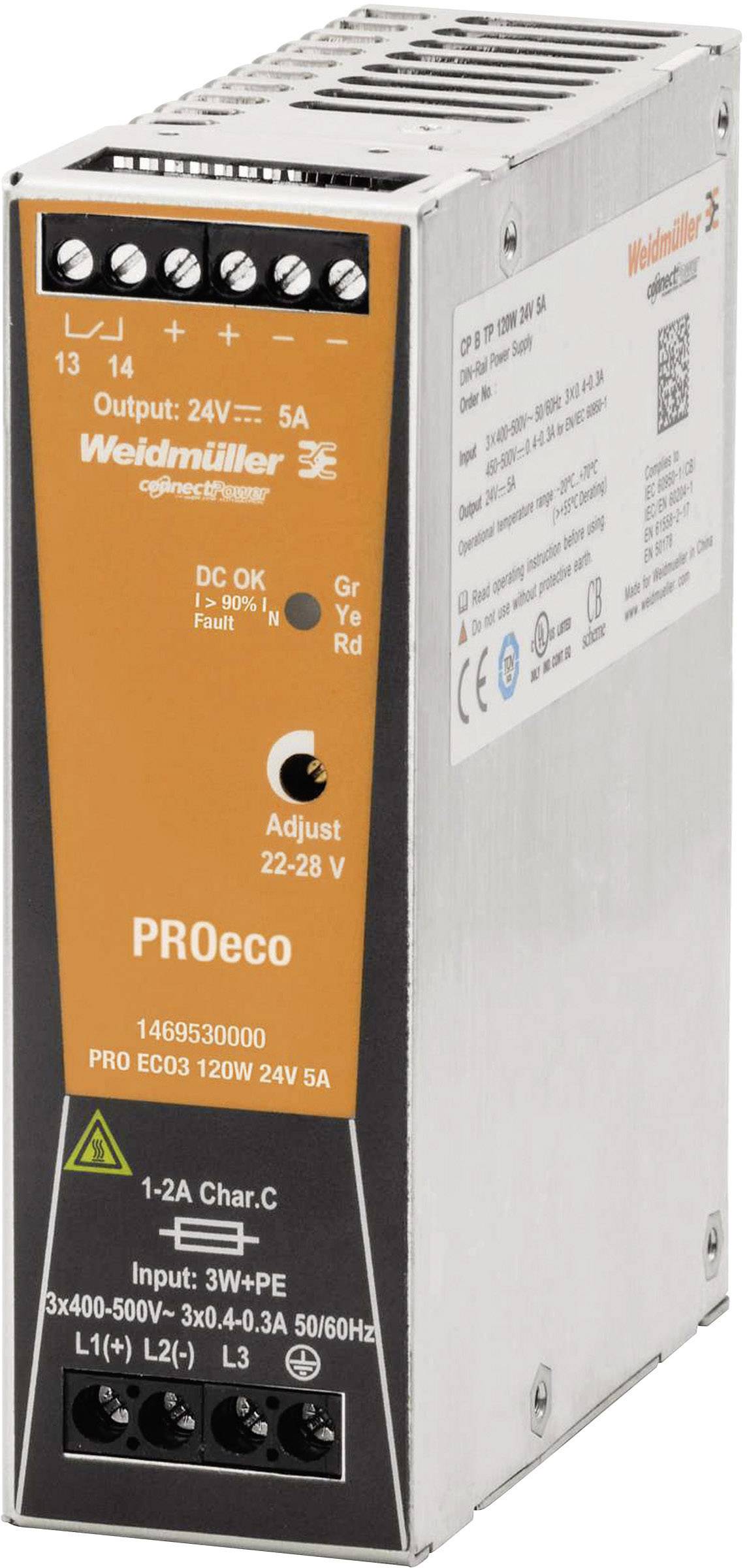 Weidmüller PRO ECO3 120W 24V 5A napajanje za DIN šinu 320 V/AC → 24 V/DC