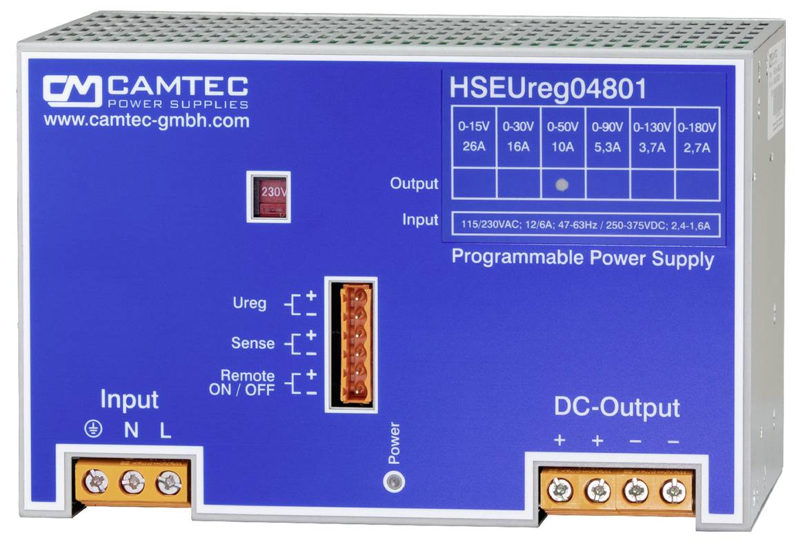 Camtec HSEUREG04801.180(R2) napajanje za DIN šinu 90 V/AC, 250 V/DC → 180 V 480 W