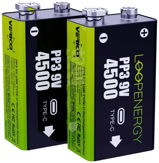 Verico LoopEnergy USB-C punjiva 9 V blok baterija Li-Ion 7,4 V 500 mAh pak. 2 kom.
