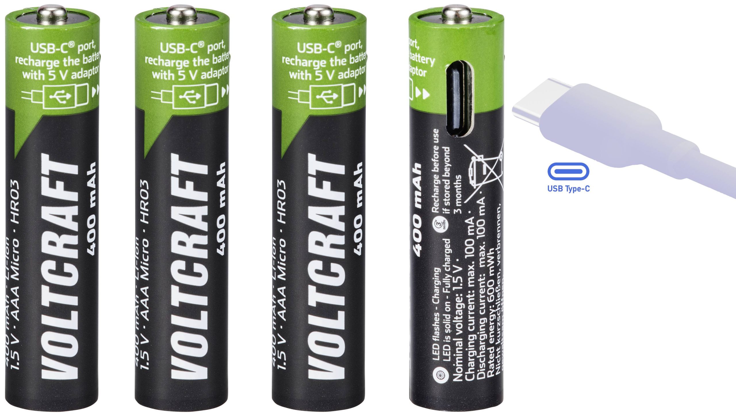 VOLTCRAFT VC-AAA400USB punjiva baterija sa USB-C punjenjem Li-Ion 1,5 V 400 mAh AAA (Micro)