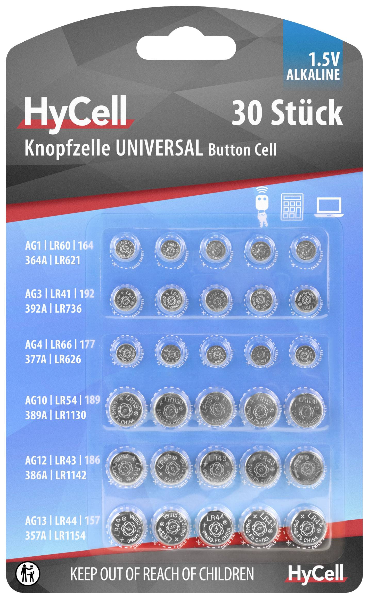 HyCell komplet dugmastih baterija alkalna 1,5 V pak. 30 kom.