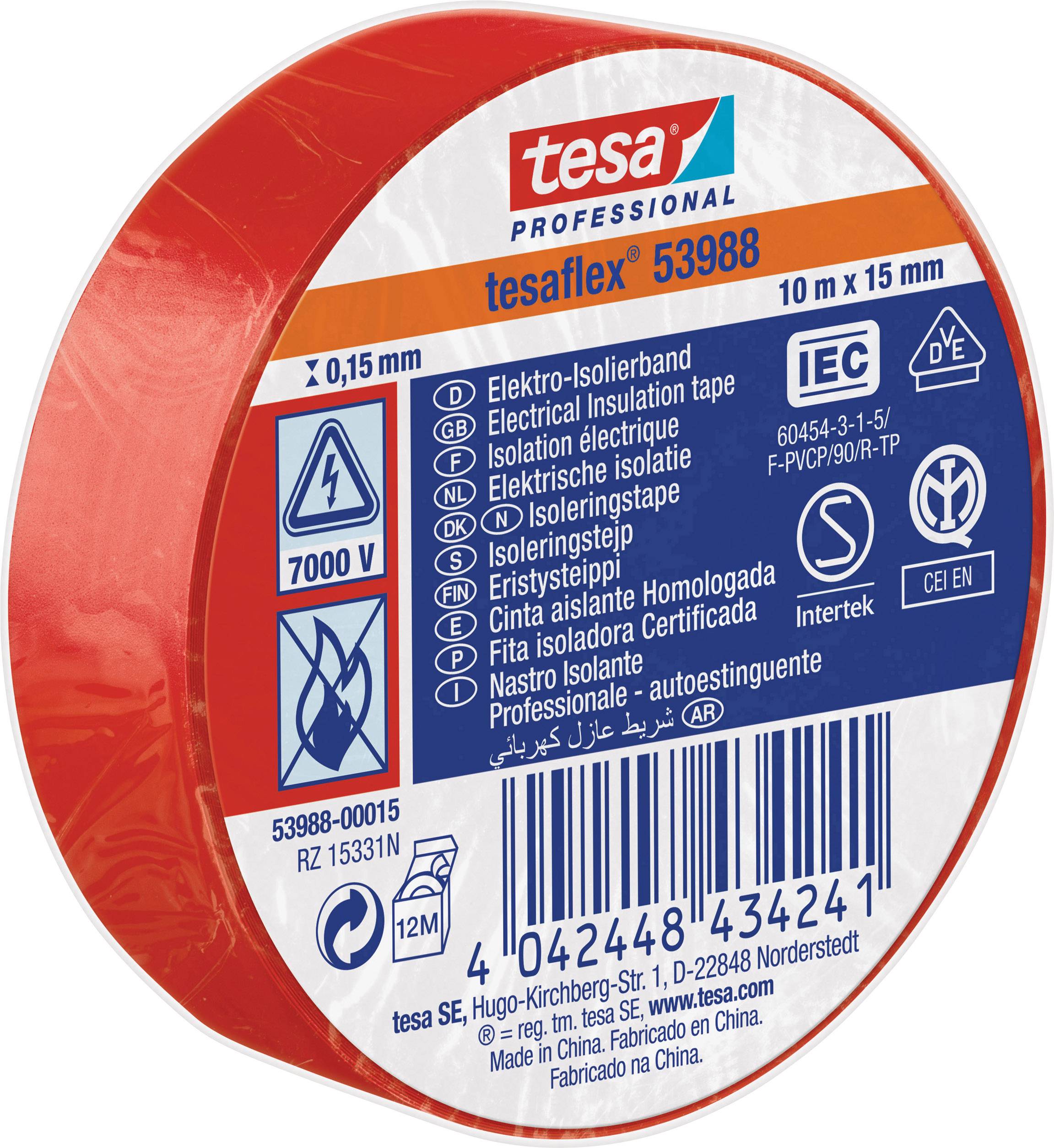 Tesa 53988-00015-00 izolir traka 10 m x 15 mm, crvena, meki PVC, kaučuk, debljina 0.15 mm