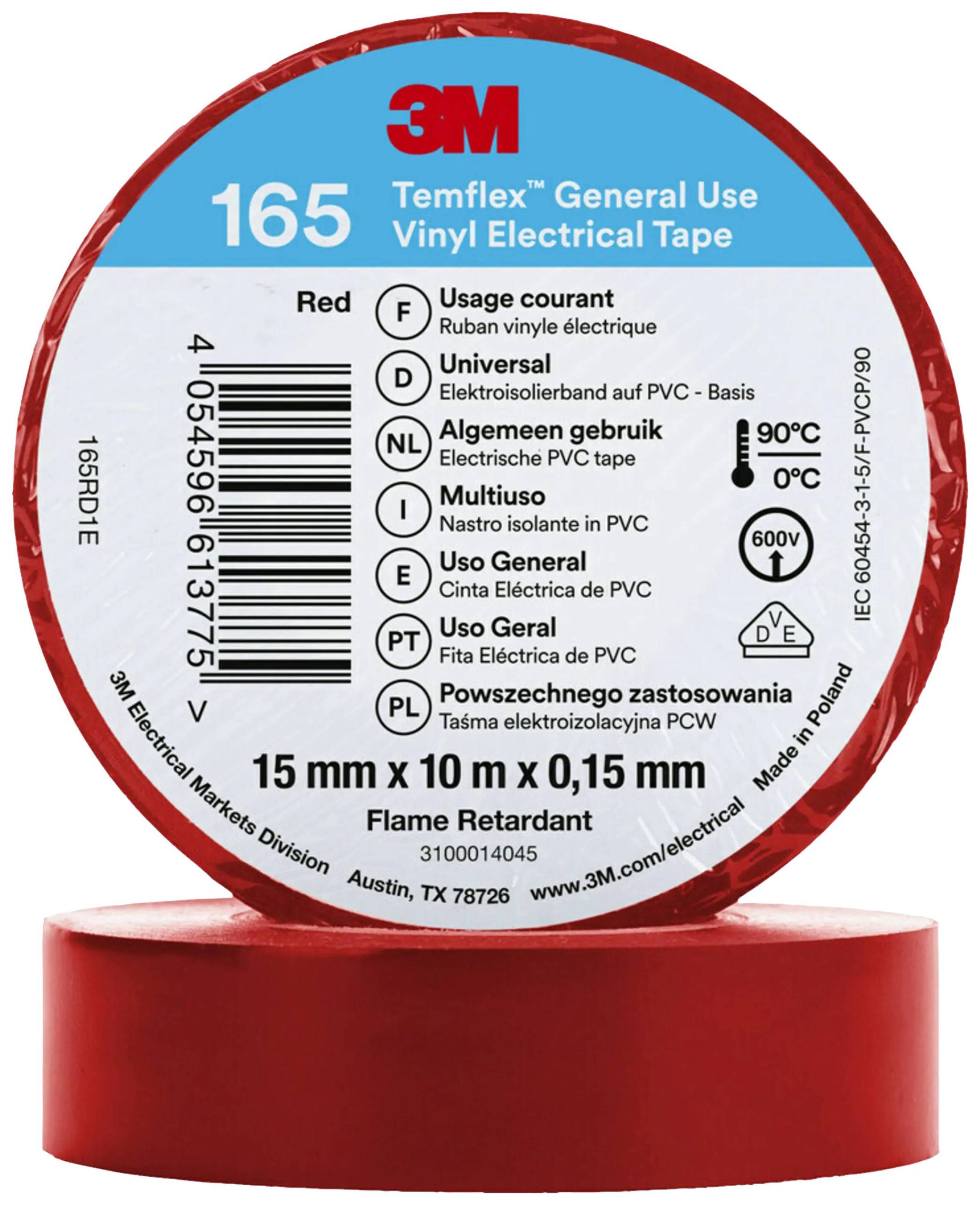 3M Temflex™ 165 izolir traka 10 m x 15 mm, crvena, gumi smola, debljina 0.15 mm