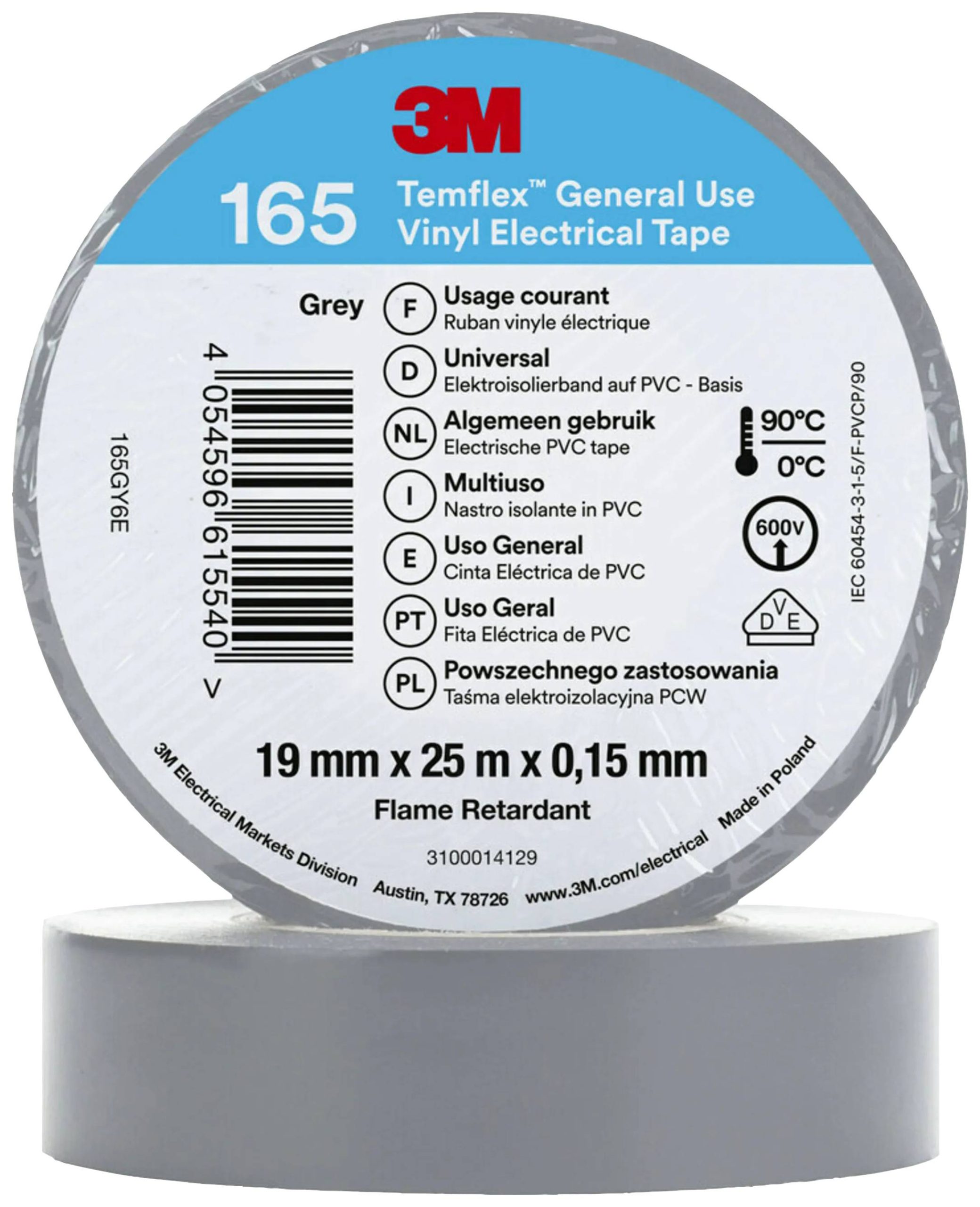 3M Temflex™ 165 izolir traka 25 m x 19 mm, siva, gumi smola, debljina 0.15 mm