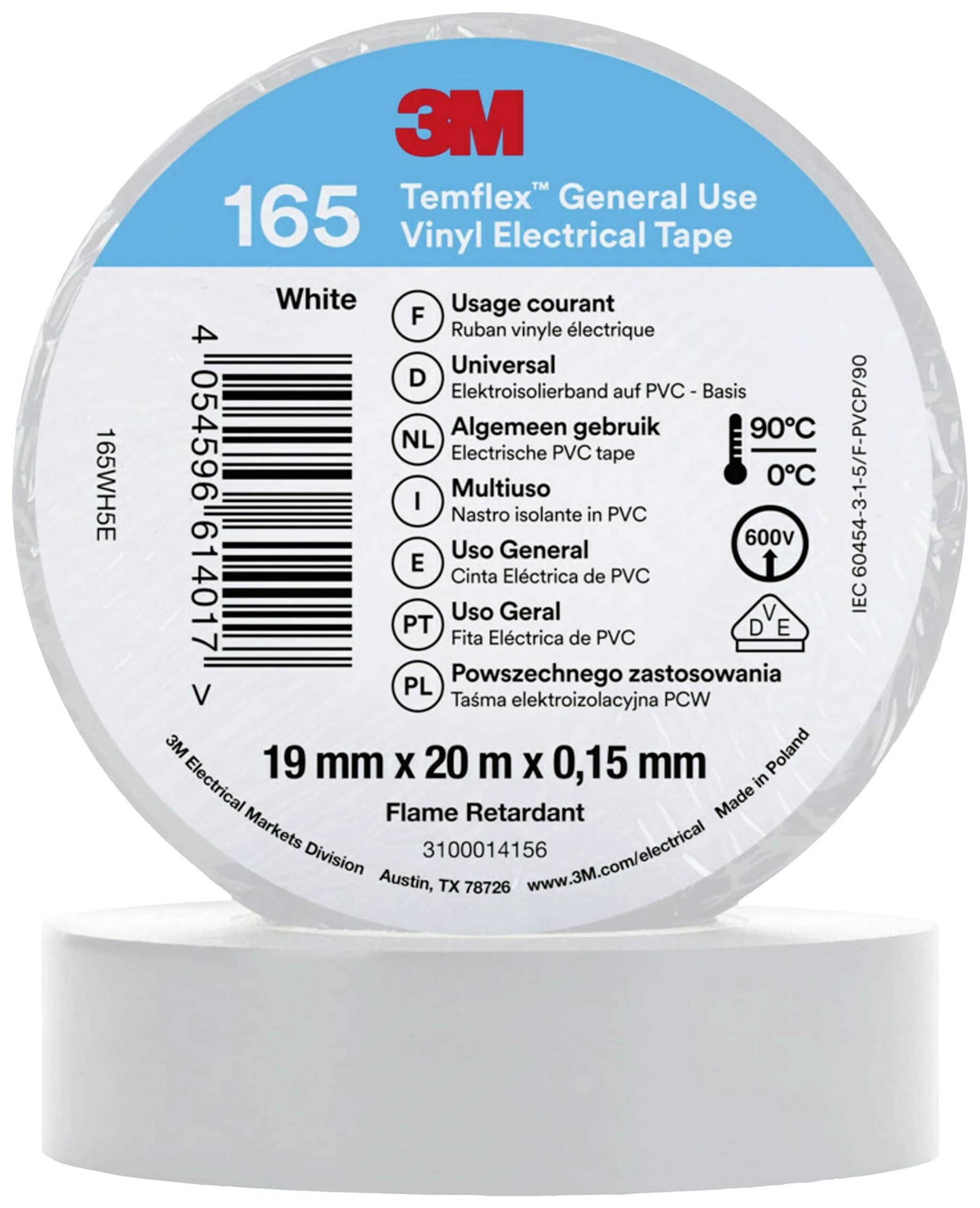 3M 165WH5E izolir traka 20 m x 19 mm, bela, gumi smola, debljina 0.15 mm