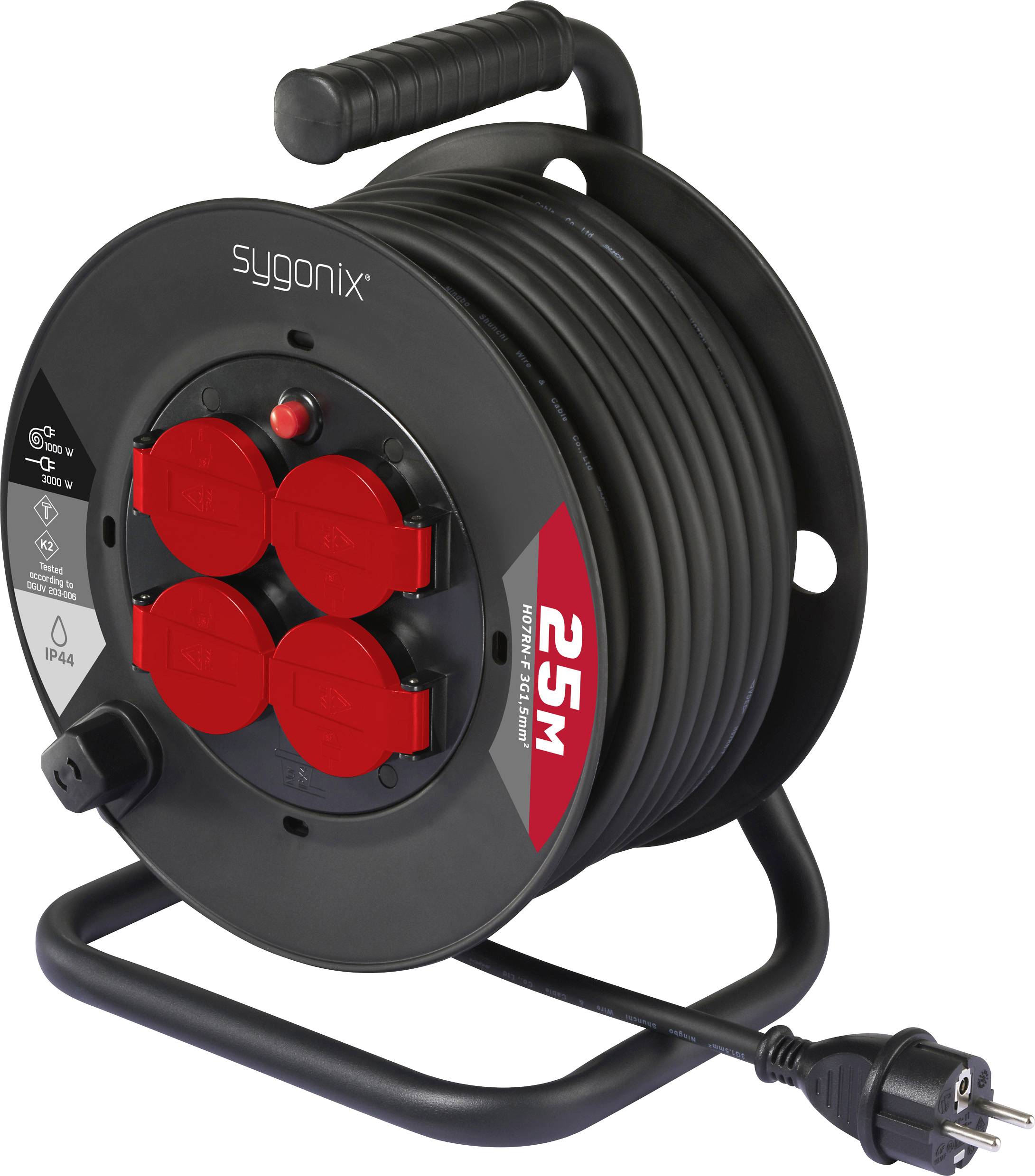 Sygonix SY-10236129 Kablovski bubanj 25 m H07RN-F 3G 1,5 mm2 IP44 4 uticnice Schuko utikac - Schuko utikac crna, crvena