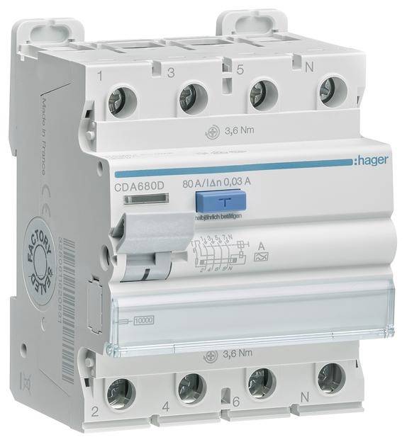 Hager FID zastitni prekidac CDA680D 4-polni 80 A 0.03 A 400 V